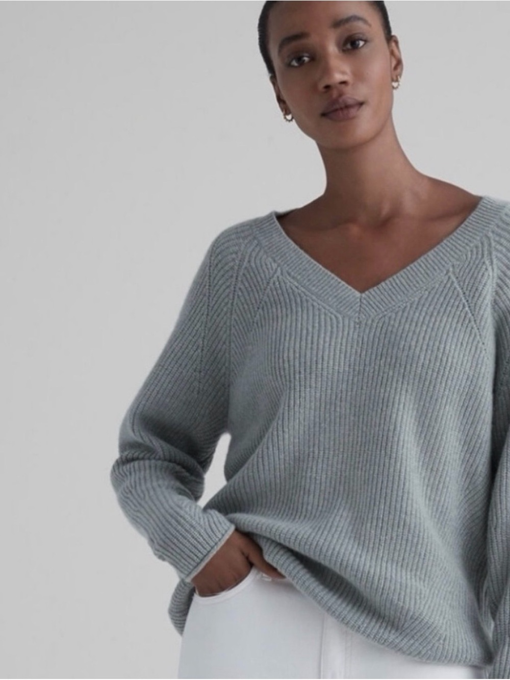 Club Monaco Cashmere V-Neck Ribbed Sweater - Blue/Grey